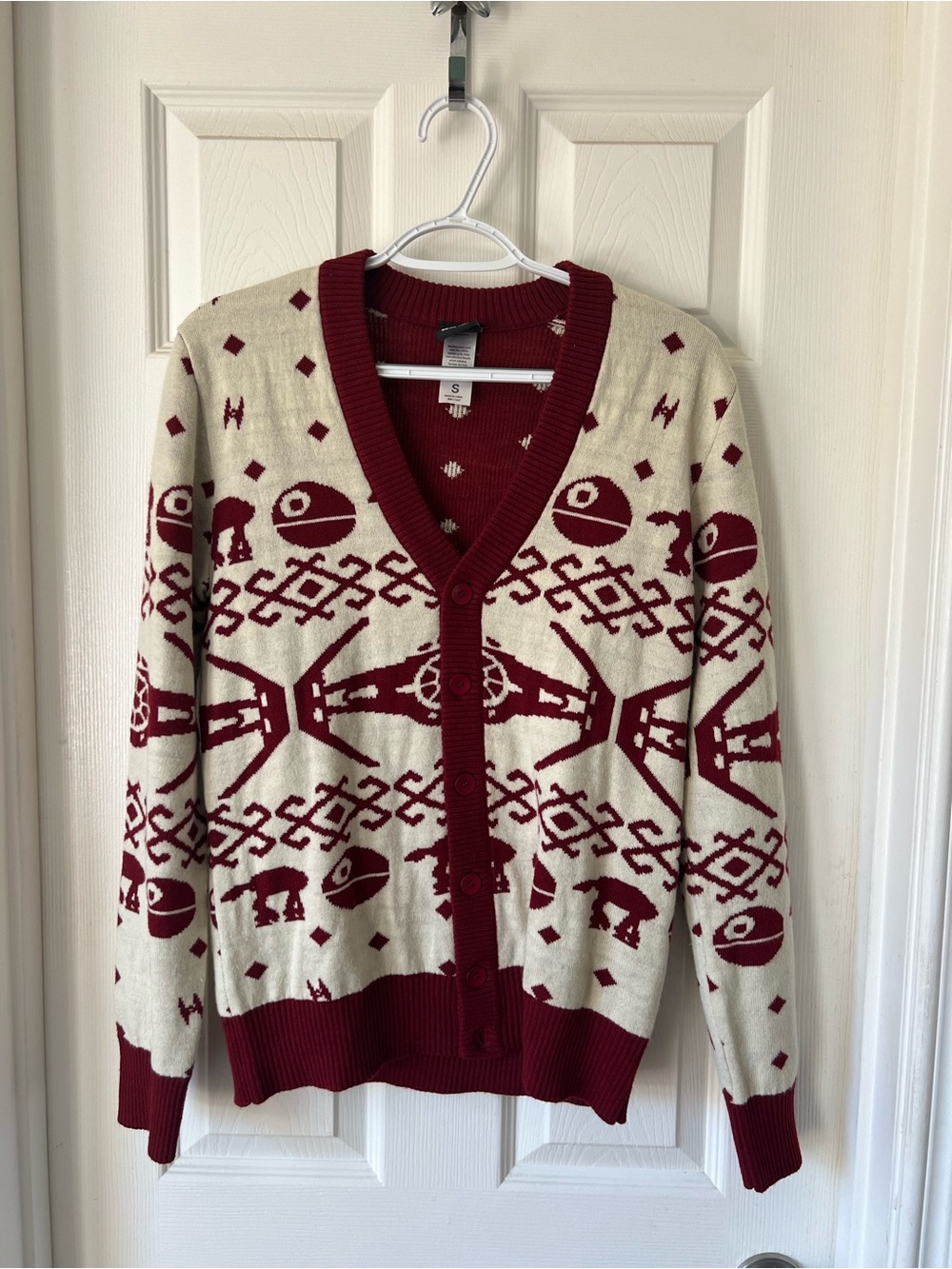 Star Wars Holiday Christmas Cardigan Burgundy Knit Logo Sweater Women’s Small